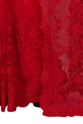 Red embroidered net saree with blouse 3
