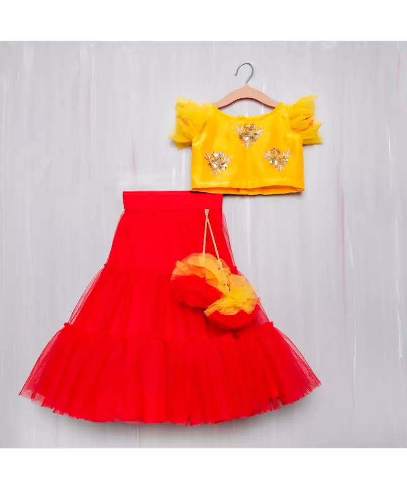 zari work red and yellow lehenga