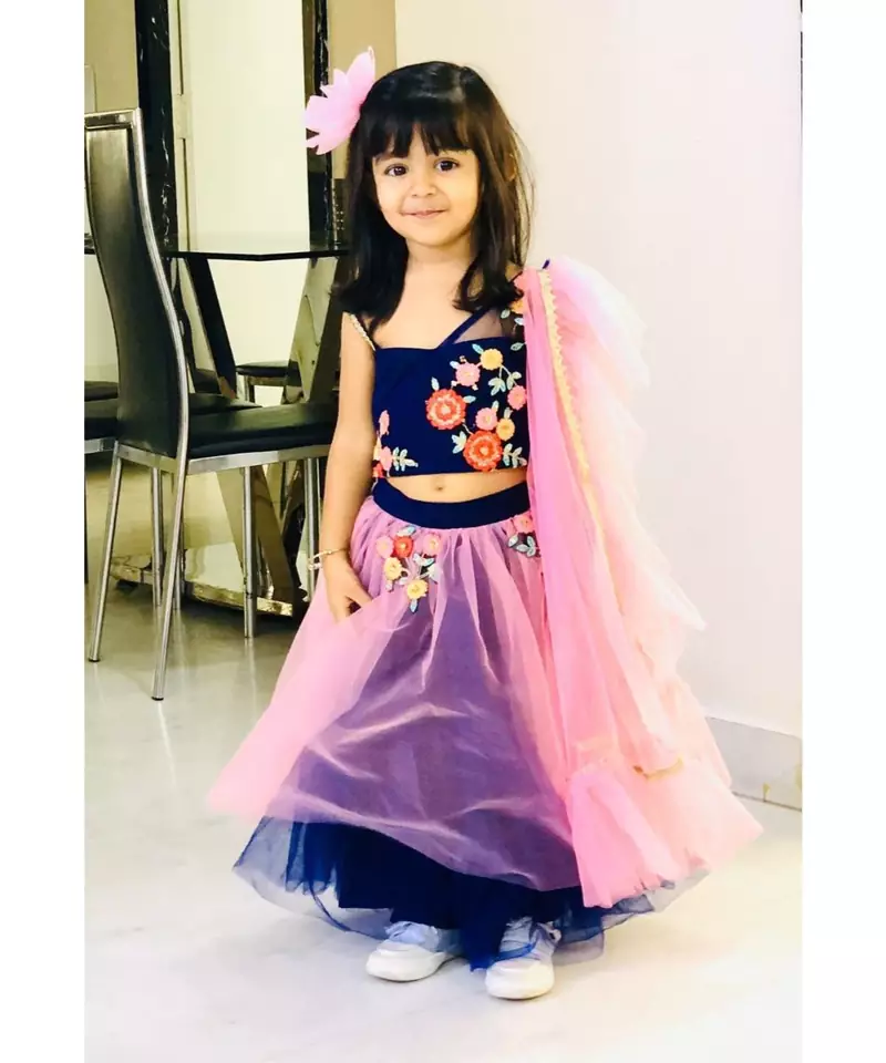 blue pink resham work attached dupatta lehenga