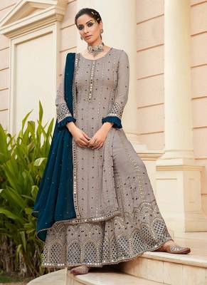 grey faux georgette embroidered top & bottom with dupatta 1