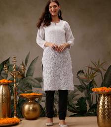 Hand Embroidered White Georgette Lucknow Chikankari Women Kurta