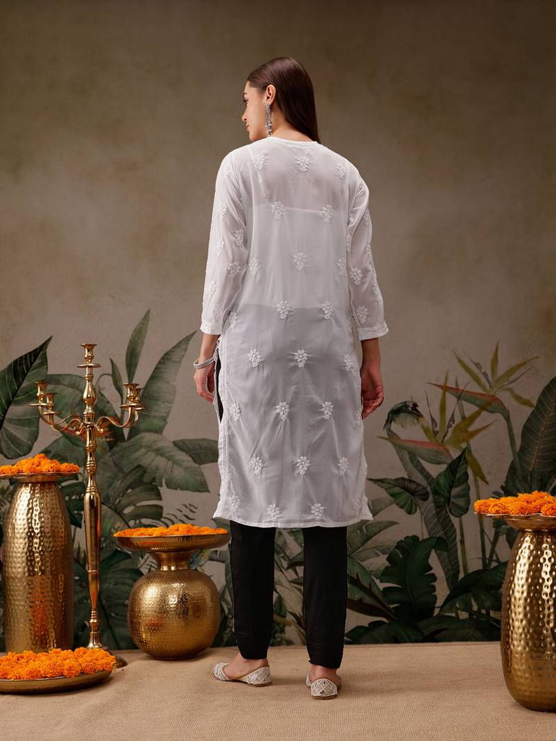 Hand Embroidered White Georgette Lucknow Chikankari Women Kurta