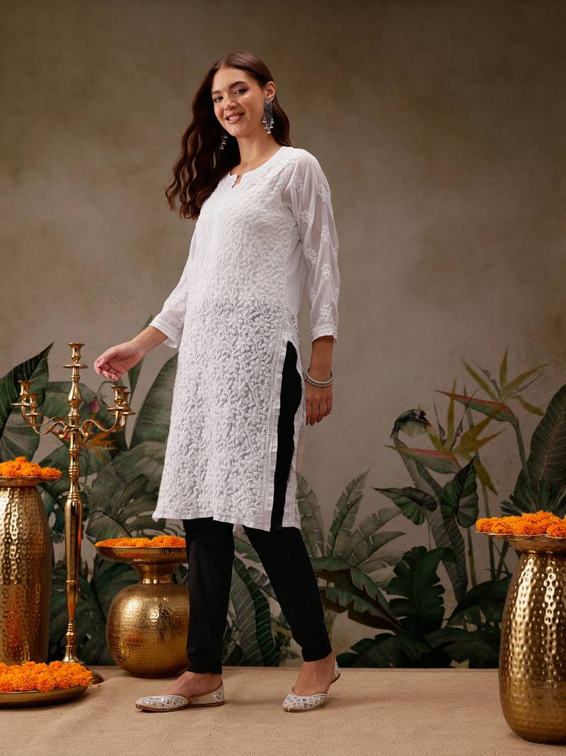 Hand Embroidered White Georgette Lucknow Chikankari Women Kurta