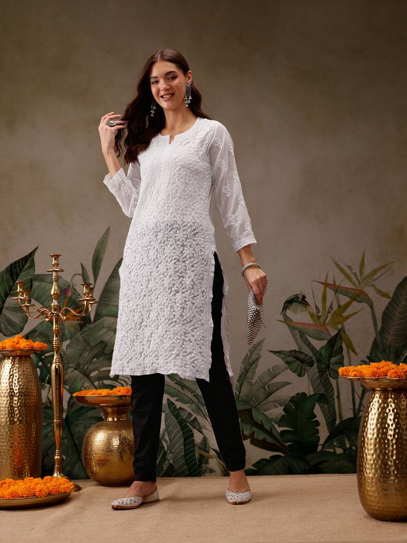 Hand Embroidered White Georgette Lucknow Chikankari Women Kurta