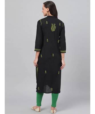 Ada Hand Embroidered Black Cotton Lucknowi Chikan Women Kurta - A444739 2