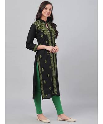 Ada Hand Embroidered Black Cotton Lucknowi Chikan Women Kurta - A444739 3