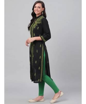 Ada Hand Embroidered Black Cotton Lucknowi Chikan Women Kurta - A444739 4