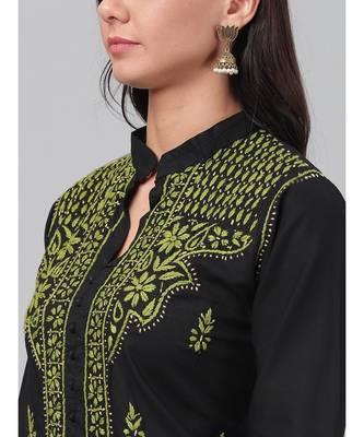 Ada Hand Embroidered Black Cotton Lucknowi Chikan Women Kurta - A444739 5