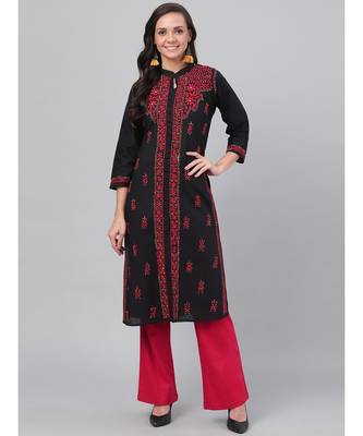 Hand Embroidered Black Cotton Lucknow Chikan Women Kurta 1