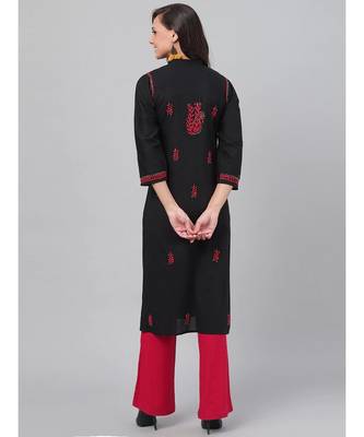 Hand Embroidered Black Cotton Lucknow Chikan Women Kurta 2