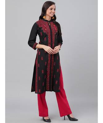 Hand Embroidered Black Cotton Lucknow Chikan Women Kurta 3