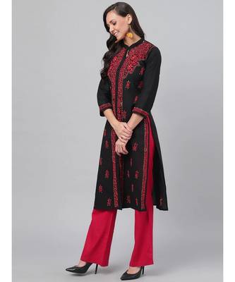 Hand Embroidered Black Cotton Lucknow Chikan Women Kurta 4