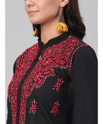 Hand Embroidered Black Cotton Lucknow Chikan Women Kurta 5