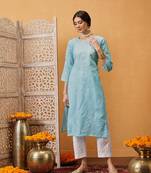 Hand Embroidered Blue Cotton Lucknow Chikankari Women Kurta