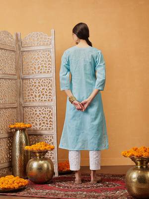 Hand Embroidered Blue Cotton Lucknow Chikankari Women Kurta 2
