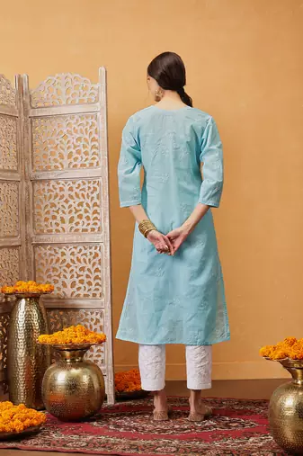 Hand Embroidered Blue Cotton Lucknow Chikankari Women Kurta