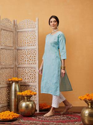 Hand Embroidered Blue Cotton Lucknow Chikankari Women Kurta 3