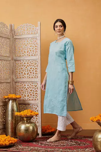 Hand Embroidered Blue Cotton Lucknow Chikankari Women Kurta