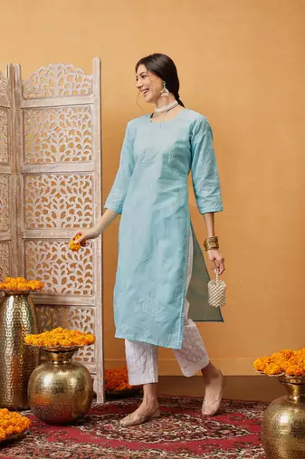 Hand Embroidered Blue Cotton Lucknow Chikankari Women Kurta
