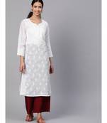 Hand Embroidered White Cotton Lucknow Chikan Women Kurta