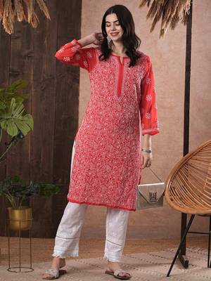 Hand Embroidered Brick Red Georgette Lucknowi Chikankari Women Kurta 1
