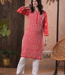 Hand Embroidered Brick Red Georgette Lucknowi Chikankari Women Kurta