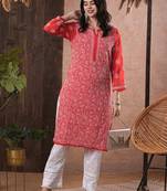Hand Embroidered Brick Red Georgette Lucknowi Chikankari Women Kurta