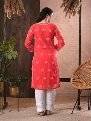 Hand Embroidered Brick Red Georgette Lucknowi Chikankari Women Kurta 2