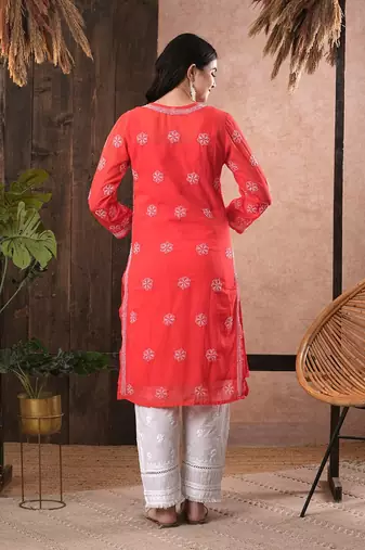 Hand Embroidered Brick Red Georgette Lucknowi Chikankari Women Kurta