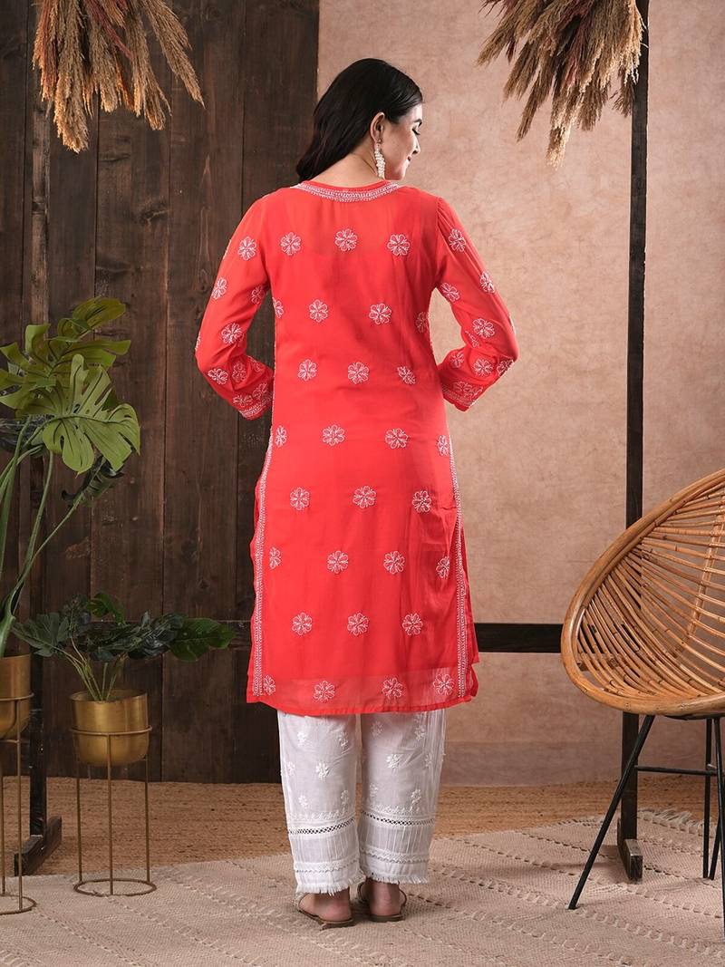Hand Embroidered Brick Red Georgette Lucknowi Chikankari Women Kurta