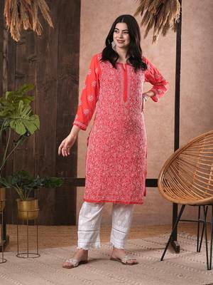 Hand Embroidered Brick Red Georgette Lucknowi Chikankari Women Kurta 3