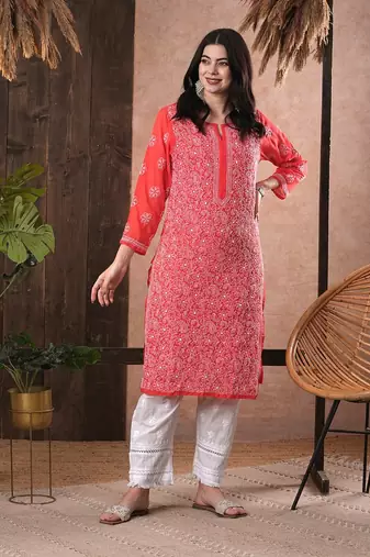 Hand Embroidered Brick Red Georgette Lucknowi Chikankari Women Kurta