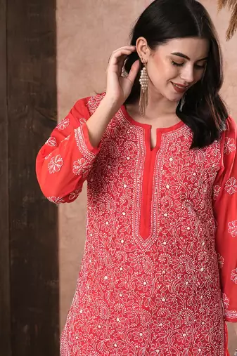Hand Embroidered Brick Red Georgette Lucknowi Chikankari Women Kurta