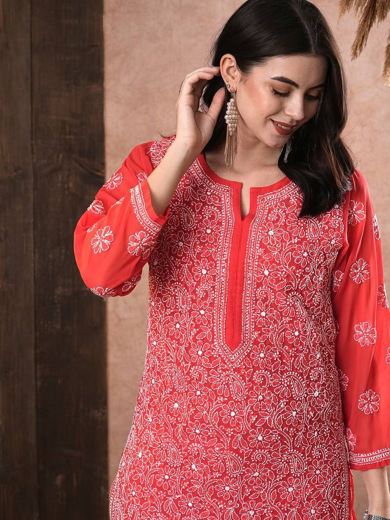 Hand Embroidered Brick Red Georgette Lucknowi Chikankari Women Kurta