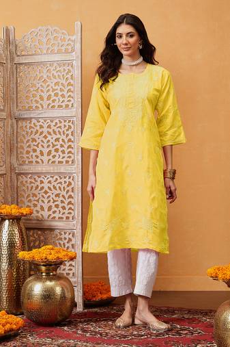 Hand Embroidered Yellow Cotton Lucknowi Chikan Women Kurta