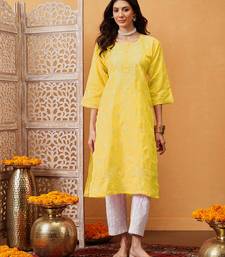 Hand Embroidered Yellow Cotton Lucknowi Chikan Women Kurta