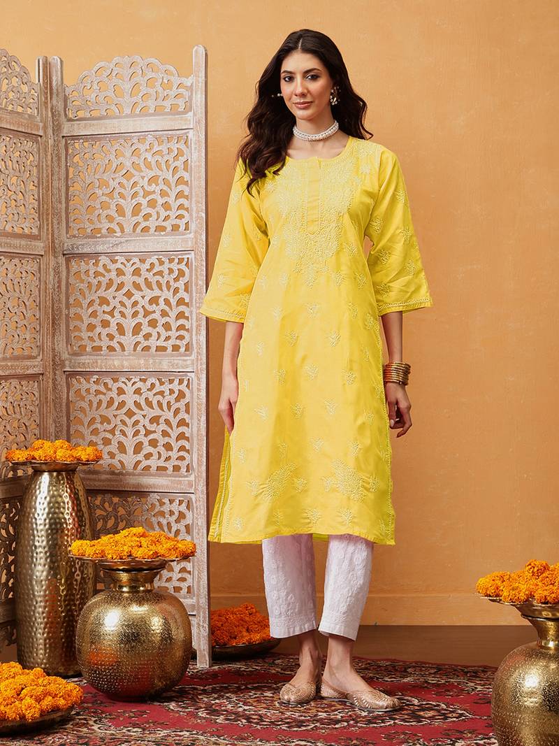 Hand Embroidered Yellow Cotton Lucknowi Chikan Women Kurta