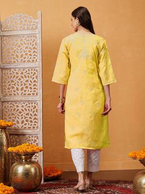 Hand Embroidered Yellow Cotton Lucknowi Chikan Women Kurta 3