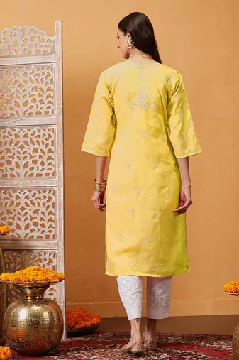 Hand Embroidered Yellow Cotton Lucknowi Chikan Women Kurta