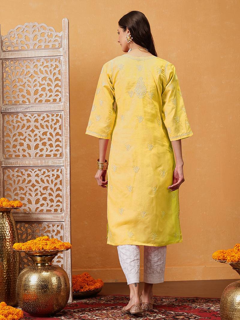 Hand Embroidered Yellow Cotton Lucknowi Chikan Women Kurta