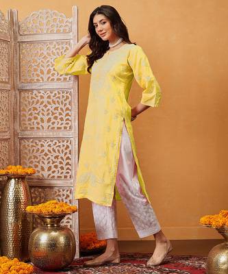 Hand Embroidered Yellow Cotton Lucknowi Chikan Women Kurta 4