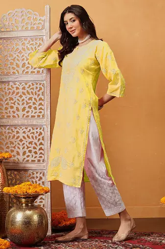 Hand Embroidered Yellow Cotton Lucknowi Chikan Women Kurta