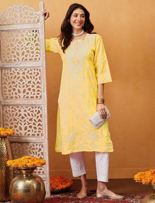 Hand Embroidered Yellow Cotton Lucknowi Chikan Women Kurta 5