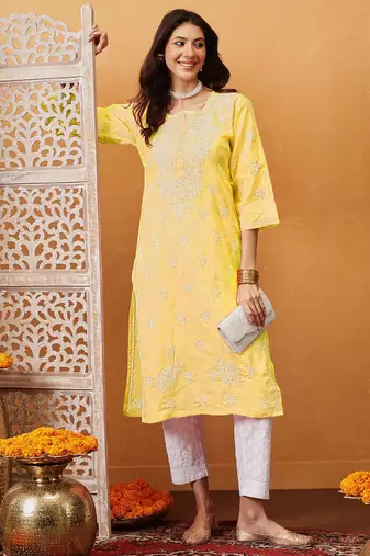 Hand Embroidered Yellow Cotton Lucknowi Chikan Women Kurta