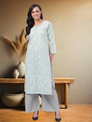 Hand Embroidered Grey Cotton Lucknow Chikankari Women Kurta 1