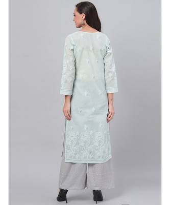 Hand Embroidered Grey Cotton Lucknow Chikankari Women Kurta 2