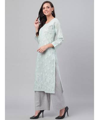 Hand Embroidered Grey Cotton Lucknow Chikankari Women Kurta 3