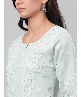 Hand Embroidered Grey Cotton Lucknow Chikankari Women Kurta 4