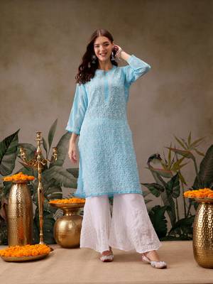 Hand Embroidered Blue Georgette Lucknowi Chikan Women Kurta 1