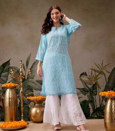 Hand Embroidered Blue Georgette Lucknowi Chikan Women Kurta